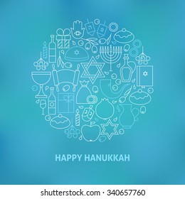 Thin Line Jewish Happy Hanukkah Icons Set Circle Shaped Concept. Vector Illustration of Jewish Winter Holiday Objects over Blue Blurred Background. Israel Judaism Traditional Items.