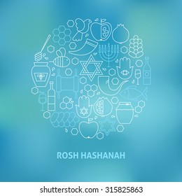 Thin Line Jewish New Year Holiday Icons Set Circle Shaped Concept. Vector Illustration of Rosh Hashanah Objects over Blurred Blue Background. Israel Judaism Religion