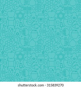 Thin Line Jewish New Year Holiday Seamless Blue Pattern. Vector Rosh Hashanah Design and Seamless Background in Trendy Modern Line Style. Thin Outline Art. Israel Judaism Religion