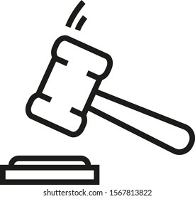 Thin line judge hammer icon. Linear gavel vector isolated on white. Judgement hammer icon in flat style. For auction hammer, judge logo, gavel bid, court sign and law symbol. Outline judge hammer icon