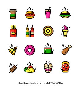 Thin line Junk food icons set, Fast food restaurant outline logos vector illustration