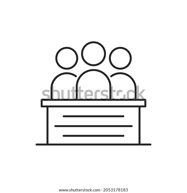 thin line jury icon like committee people\
meeting. concept of corporate business office or talent show\
contest. flat linear modern feedback logotype graphic stroke design\
isolated on white\
background
