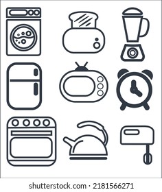 Juego de iconos de equipos de cocina en línea delgada. tendencia lineal de estilo plano diseño de arte gráfico logotipo moderno aislado en blanco.