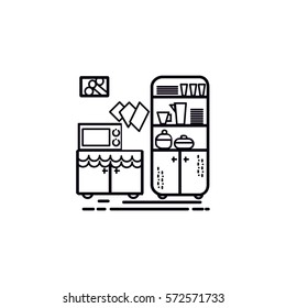 Thin line kitchen. Style graphic concept interior house. Dark and white illustration