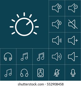 icono del botón de línea delgada en fondo azul, iconos de audio establecidos