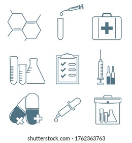 Thin line laboratory equipment icon collection on white background. Test tubes, chemistry structure, medical kit with cross sign, clipboard, vaccine and more. Minimalist lab vectors set. 