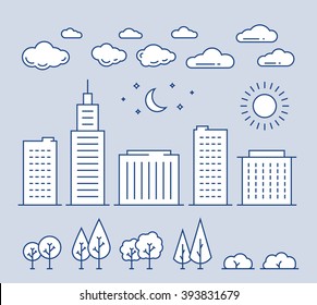 Thin line landscape elements vector icons set. Line buildings, trees, bushes, clouds, sun, moon and stars. Outline template illustration