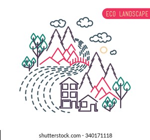 Thin line landscape flat eco design of abstract idyllic village on hills, rural background with field, house, forest, river. Modern vector outline illustration concept