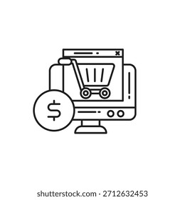 Portátil de línea delgada con icono de símbolo de dólar, que representa compras en línea, pagos de comercio electrónico y compras digitales. Ideal para App de fintech, tiendas de Web y transacciones financieras.