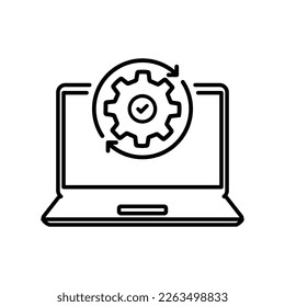 thin line laptop and gear wheel like update. lineart style trend modern minimal logotype stroke art design web element isolated on white background. concept of development or devops service badge