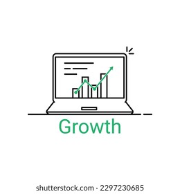 thin line laptop with growth prediction. flat linear style trend modern graphic lineart design isolated on white background. concept of expansion indicator for expense or productivity gain profit info