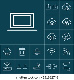 thin line laptop icon on blue background, web internet icons set