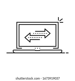 laptop de línea delgada como transferencia de archivos fácil. diseño de arte gráfico de línea plana moderno aislado en blanco. concepto de copia de seguridad de archivos de medios seguros o de información y transacciones o remesas de dinero