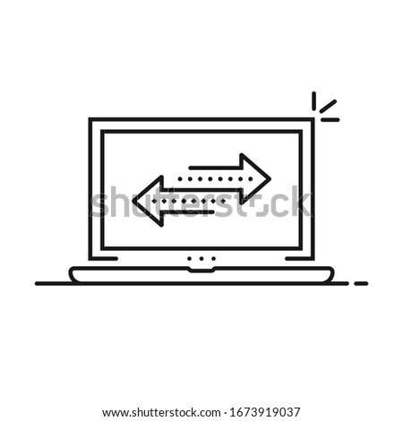 thin line laptop like easy file transfer. flat stroke modern lineart graphic art design element isolated on white. concept of secure media files or info back up and money transaction or remittance