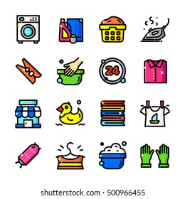 Thin line Laundry Service icons set, Washing Business outline logos vector illustration