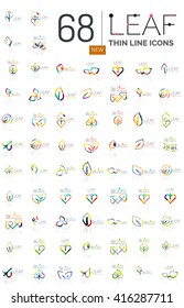 Thin line leaf geometric flat style symbols or logotypes. Nature green environmental concept, new life idea in various color variations. Eco love heart 
