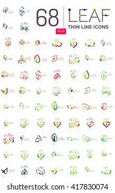 Thin line leaf geometric flat style symbols or logotypes. Nature green environmental concept, new life idea in various color variations. Eco love heart 
