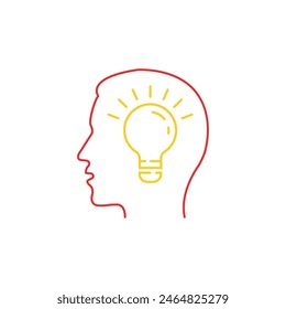 thin line light bulb in human head. concept of brainstorm or thinking emblem and unique idea. linear flat stroke mental prompt like lightbulb logotype art