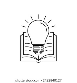thin line light bulb with open book black icon. flat outline trend modern brochure info logotype linear design isolated on white. concept of business literature publishing or bookstore pictogram