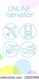 Banner de reserva de billetes de avión, tren, autobús y ferry de color claro y delgado.  Plantilla vectorial de diseño plano con iconos de transporte.