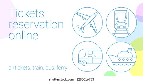Banner de reserva de billetes de avión, tren, autobús y ferry de color claro y delgado.  Plantilla vectorial de diseño plano con iconos de transporte.