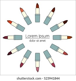 Thin line lipstick Vector illustration of twelve shades of lipsticks arranged in a circle on white background
