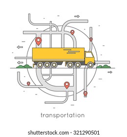 Thin line Logistic and transportation truck carries goods route. Flat design vector illustration.