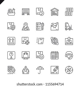 Thin line logistics, delivery, transportation icons set for website and mobile site and apps. Outline icons design. 48x48 Pixel Perfect. Linear pictogram pack. Vector illustration.