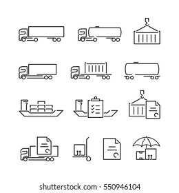 Thin line logistics logo concept isolated on white background. Web infographics linear cargo icons set. Outline sign vector illustration. Stroke simple mono shipping icon infographic pictogram pack.