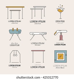Thin line logo collection with artistic gymnastics equipment and elements. Modern easy to edit logo template.
