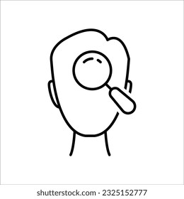 thin line loupe with head like insight icon. concept of inside scrutiny of human subconscious. outline simple neuroscience logotype graphic stroke art pictogram design web element isolated on white