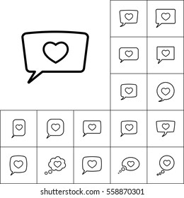 thin line love heart, speech bubble icon on white background, dialog box set