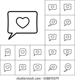 thin line love heart, speech bubble icon on white background, dialog box set