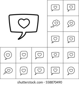 thin line love heart, speech bubble icon on white background, dialog box set