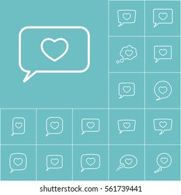 thin line love heart, speech bubble icon on blue background, dialog box set