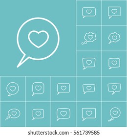 thin line love heart, speech bubble icon on blue background, dialog box set