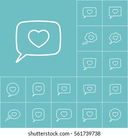 thin line love heart, speech bubble icon on blue background, dialog box set