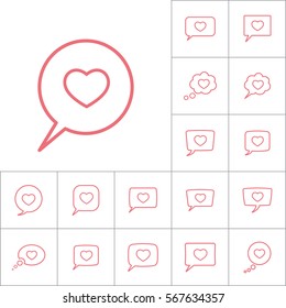 thin line love heart, speech bubble icon on white background, dialog box set