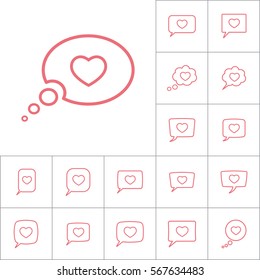 thin line love heart, speech bubble icon on white background, dialog box set