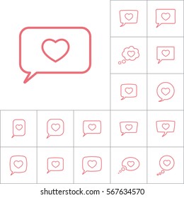 thin line love heart, speech bubble icon on white background, dialog box set