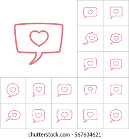 thin line love heart, speech bubble icon on white background, dialog box set