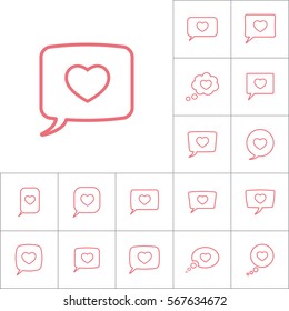 thin line love heart, speech bubble icon on white background, dialog box set