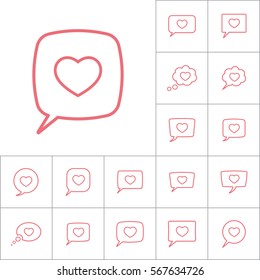 thin line love heart, speech bubble icon on white background, dialog box set