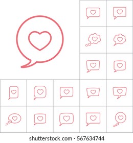 thin line love heart, speech bubble icon on white background, dialog box set