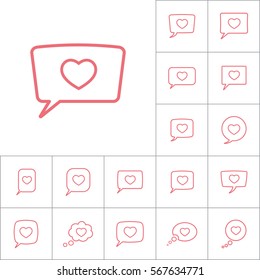 thin line love heart, speech bubble icon on white background, dialog box set