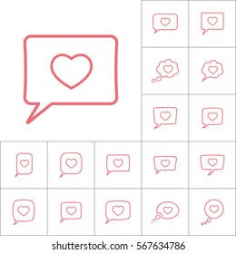 thin line love heart, speech bubble icon on white background, dialog box set