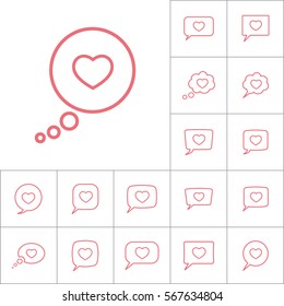 thin line love heart, speech bubble icon on white background, dialog box set