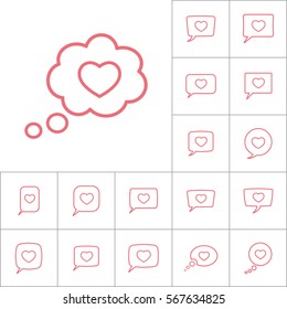 thin line love heart, speech bubble icon on white background, dialog box set