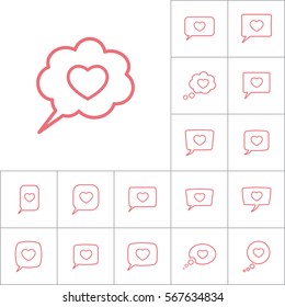 thin line love heart, speech bubble icon on white background, dialog box set