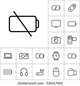 thin line low battery icon on white background, gadgets set